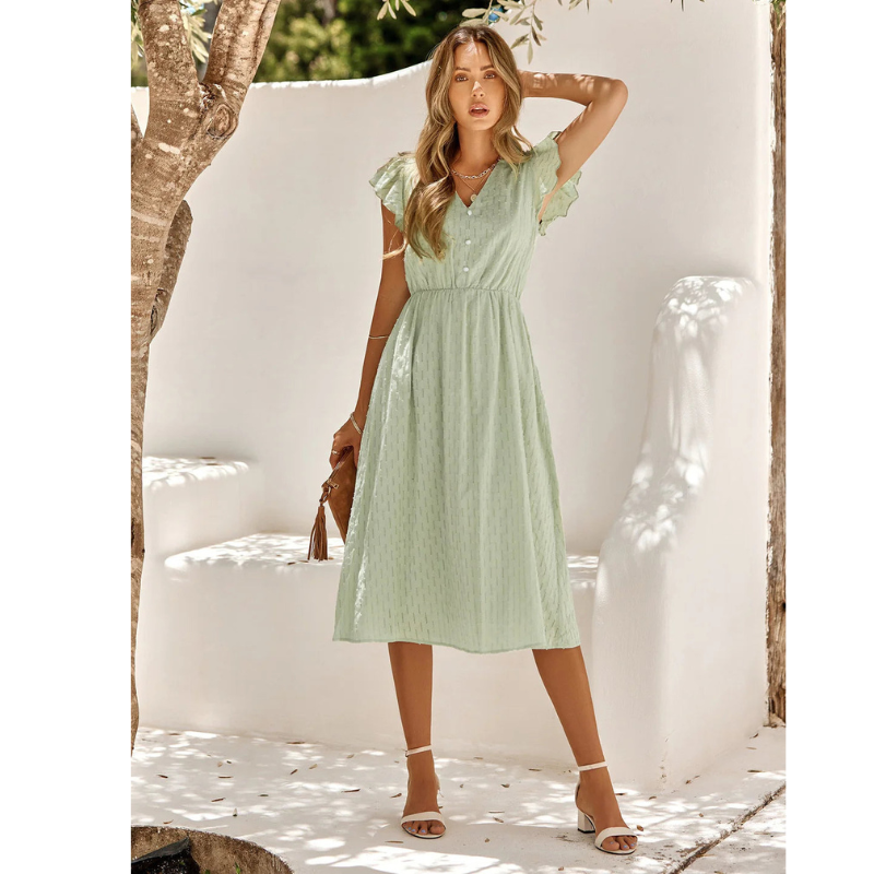 Women Midi Dress | Short Sleeve V Neck Ruffle A Line Elastic Waist