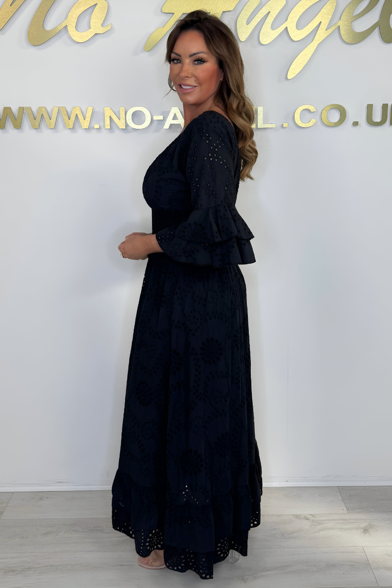 Damen Maxikleid | V-Ausschnitt mit Volantärmeln und Stufensaum