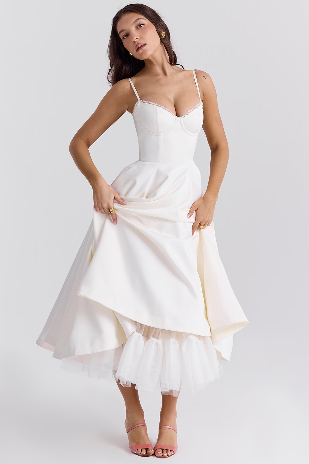Women Midi Dress | A-Line Skirt With Corset Bodice Sweetheart Neckline