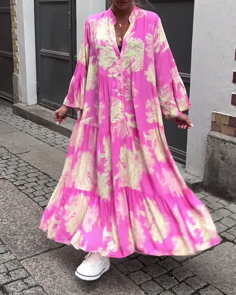 Women Maxi Dress | Stand-Up Collar Button Closure Long Sleeves Detail