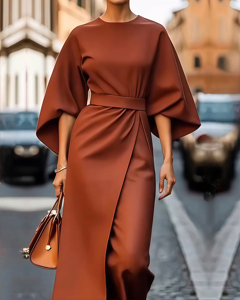 Women Midi Dress | Three Quarter Sleeves Waist Belt Design