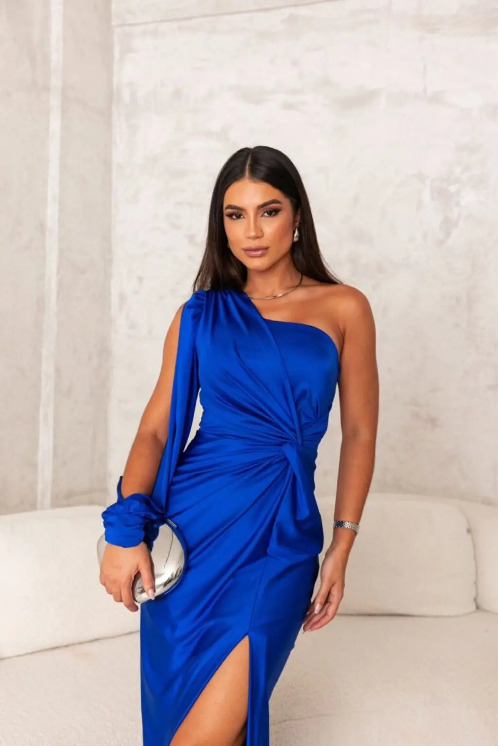 Damen Maxikleid | One-Shoulder mit Drapierung und Schlitz