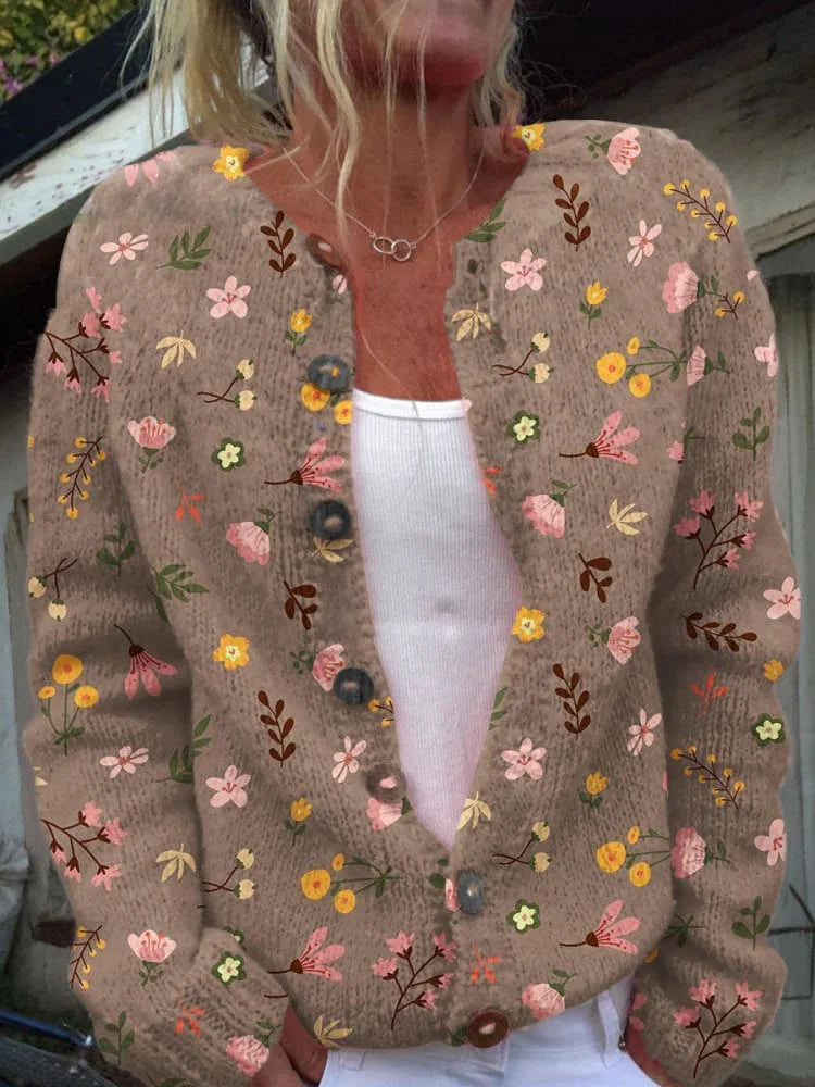 Strickjacke mit Blumenstickerei für Damen | Mit Knopfleiste