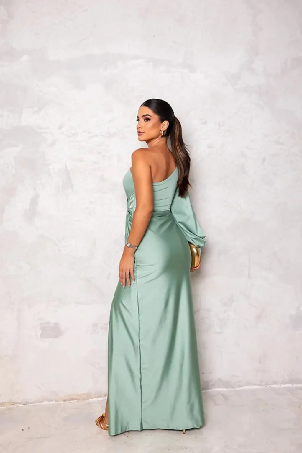 Damen Maxikleid | One-Shoulder mit Drapierung und Schlitz