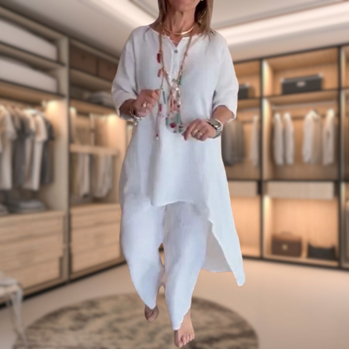 Damen Set | Oberteil mit Knopfleiste und langer Hose