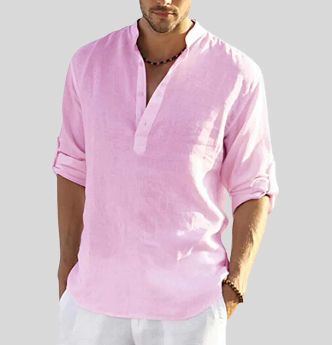 Hemd Herren | Langarmshirt mit Stehkragen und V-Ausschnitt