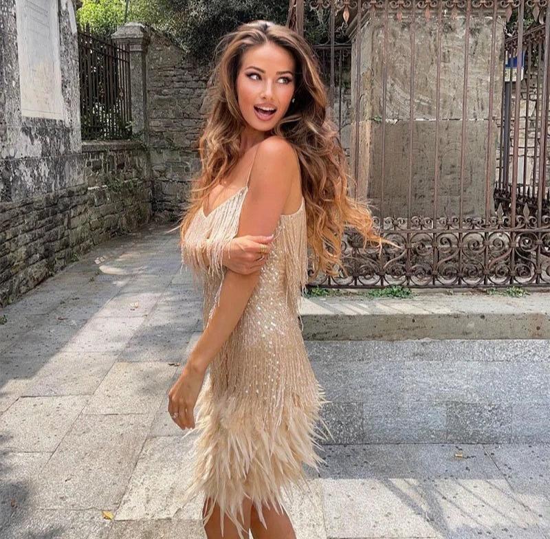 Women Mini Dress | Feather Trimmed Short Length Silhouette Design