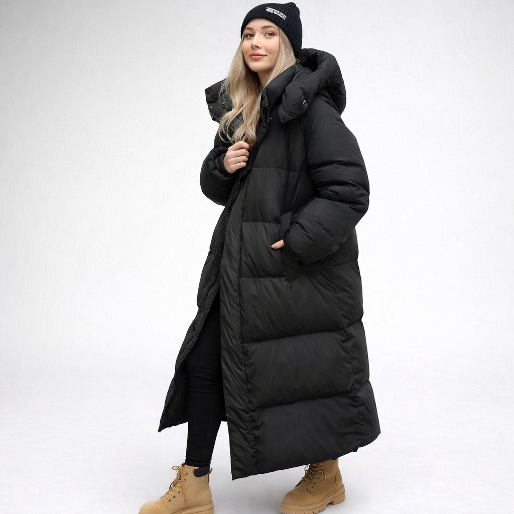 Damen Langer Steppmantel | Gestepptes Design mit Kapuze