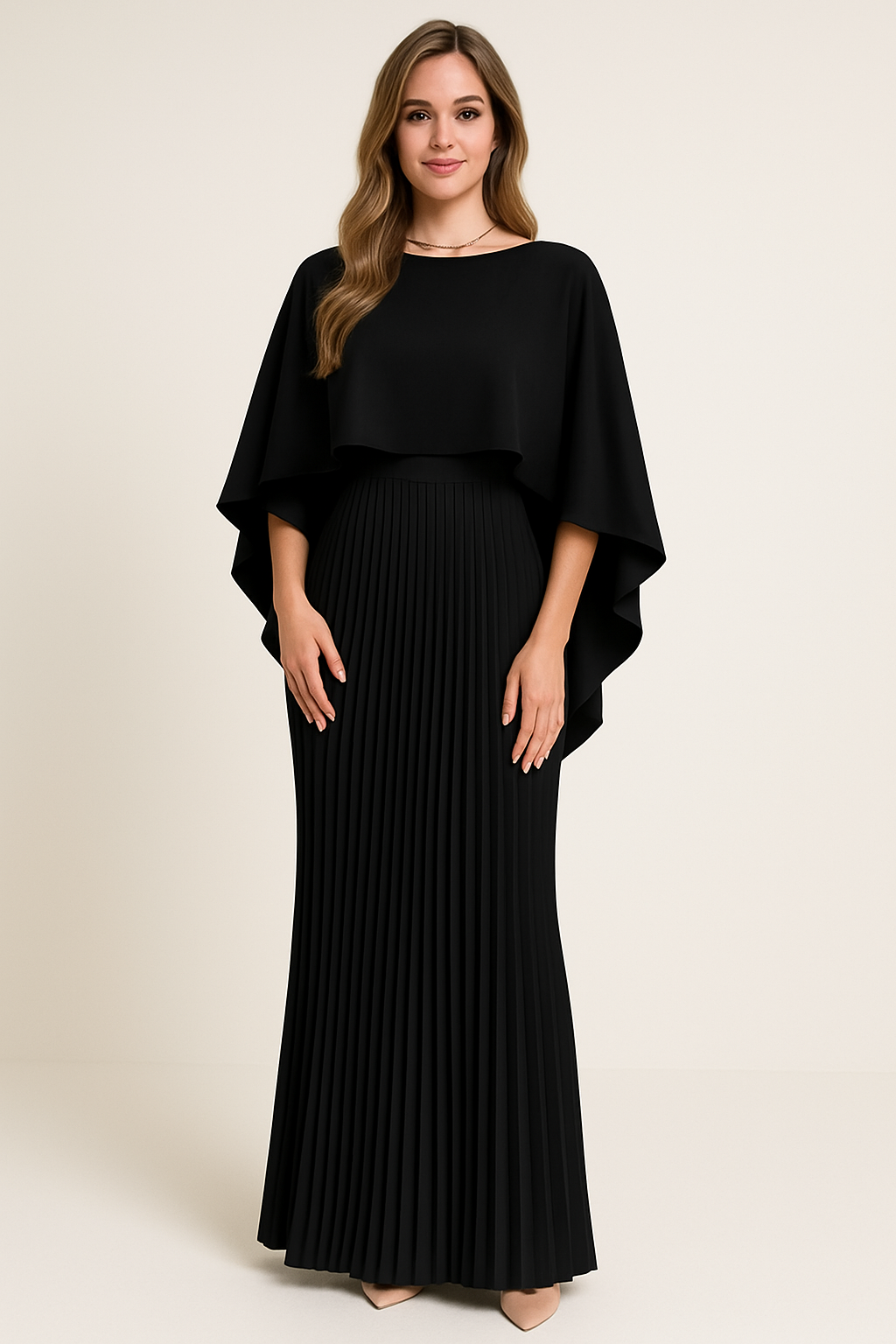 Damen Maxikleid | Plissierte Form mit Überwurfärmel