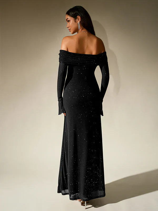 Women Evening Dress | Off-Shoulder Maxi Length With Long Sleeves Cut