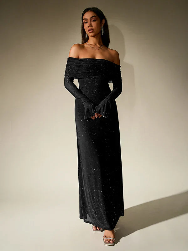 Women Evening Dress | Off-Shoulder Maxi Length With Long Sleeves Cut
