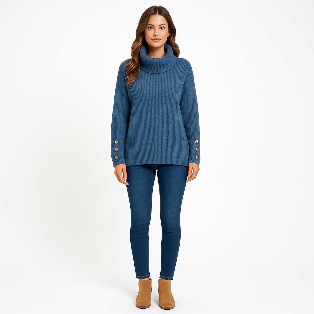 Damen Rollkragenpullover | Warmer Strickpullover mit Knöpfen