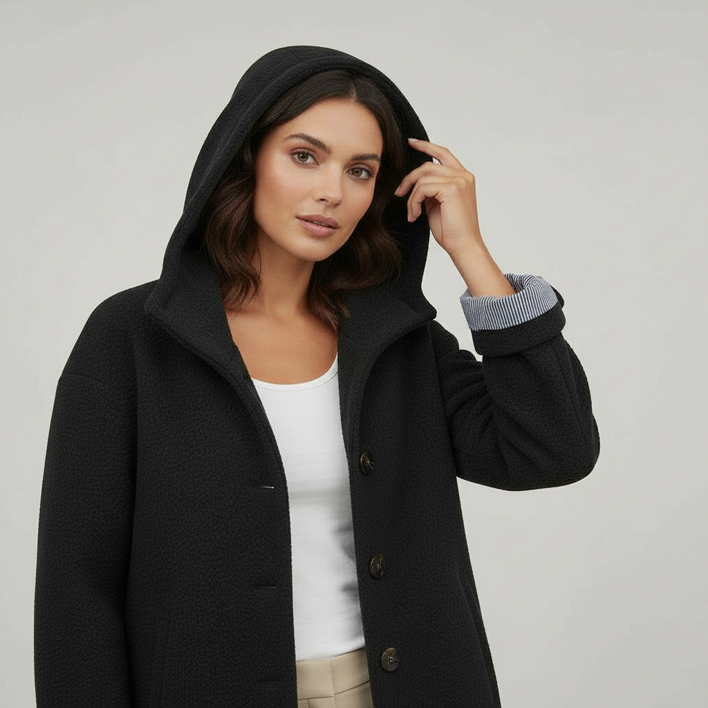 Damen Mantel | lange Form mit Kapuze und klarer Linienführung