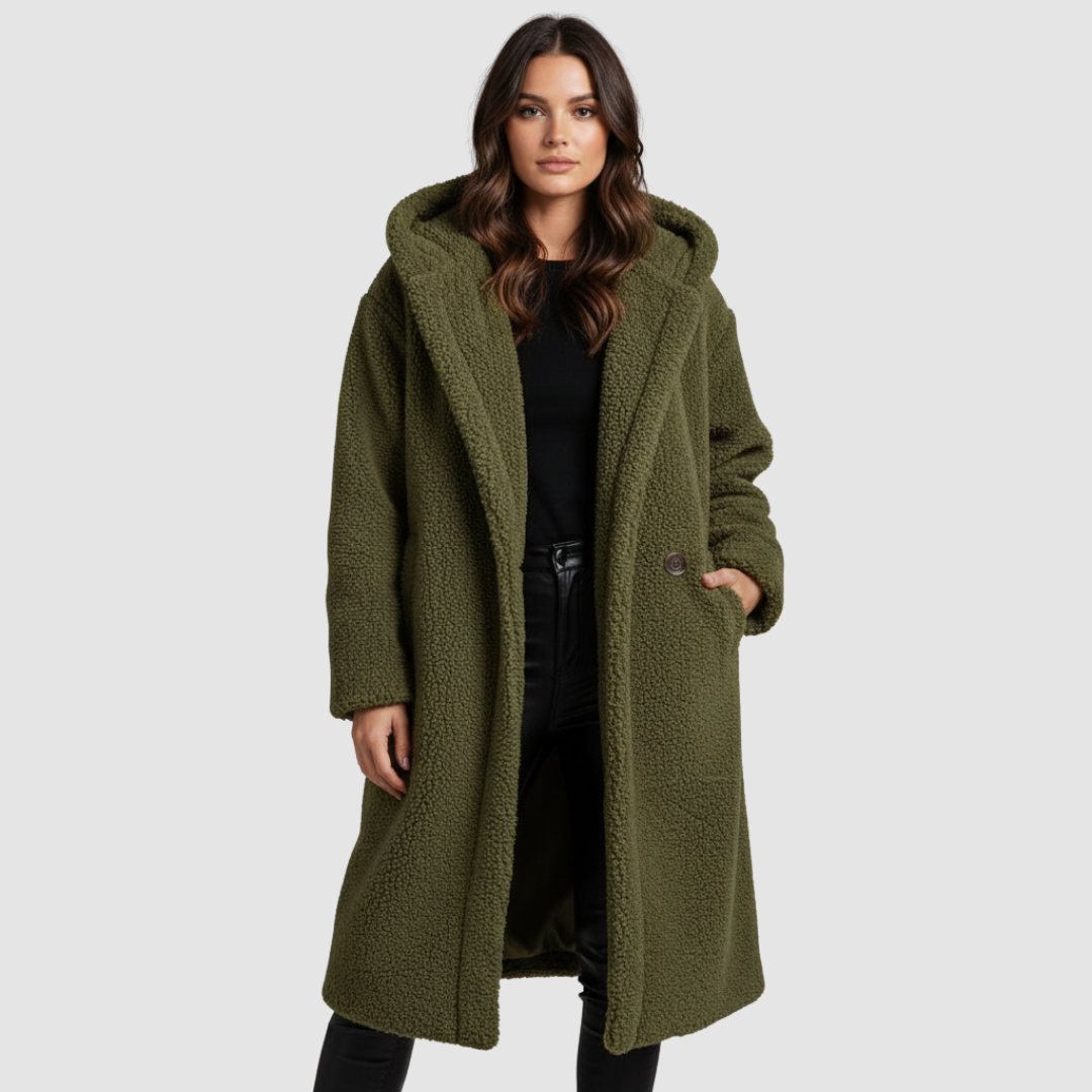 Damen Mantel | lang mit Kapuze und Taschen