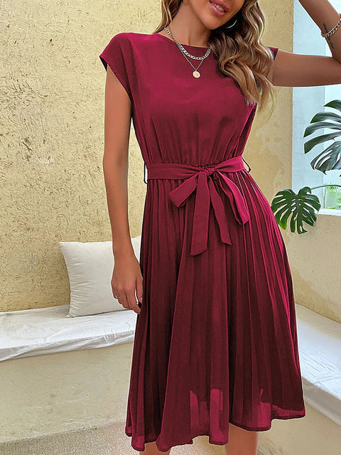 Women Pleated Midi Dress | Short-Sleeved Upper Arm Coverage Design