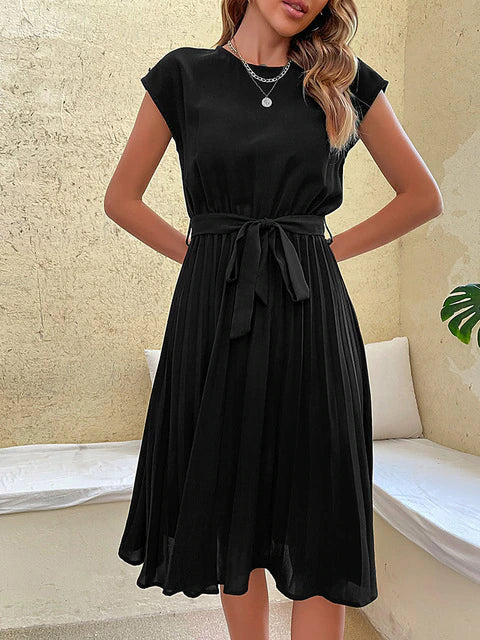 Women Pleated Midi Dress | Short-Sleeved Upper Arm Coverage Design