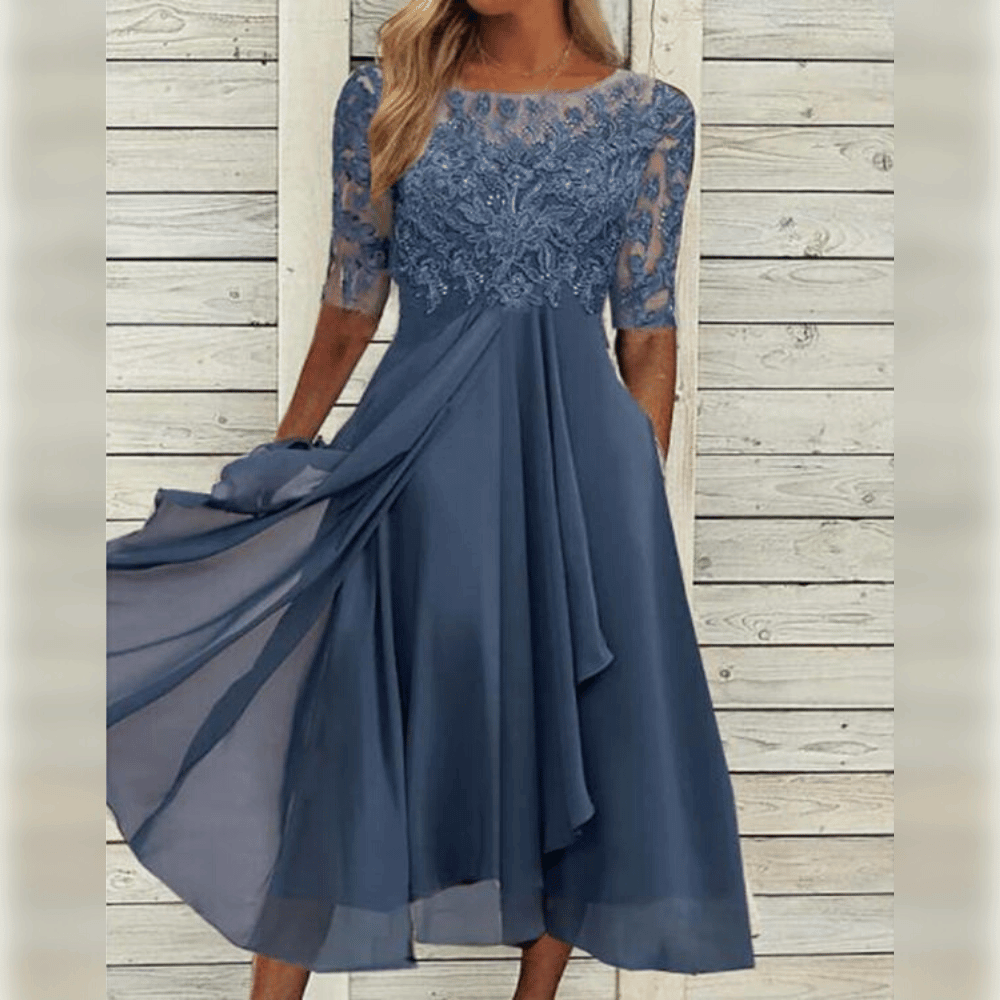 Women Dress | Midi Length With Embroidered Bodice And Short Sleeves