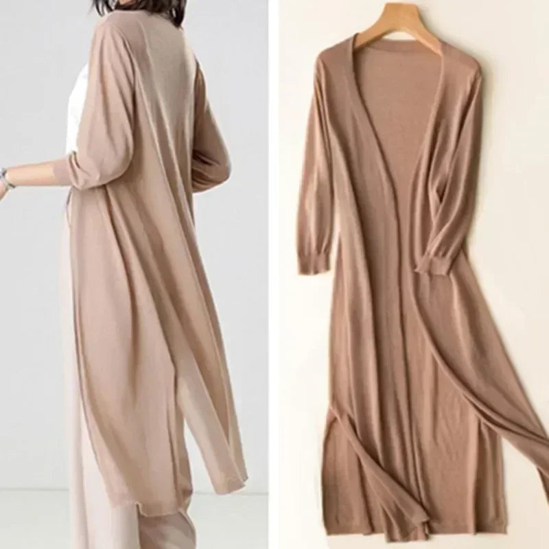Damen Cardigan | lange offene Form mit Seitenschlitzen