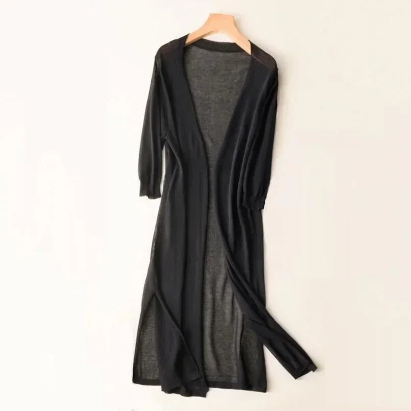 Damen Cardigan | lange offene Form mit Seitenschlitzen