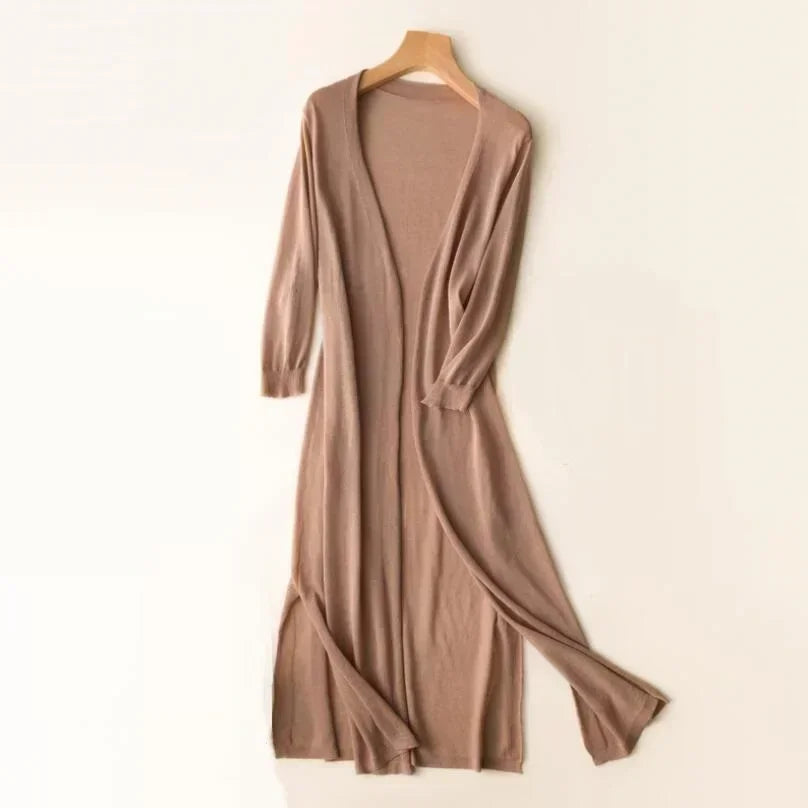 Damen Cardigan | lange offene Form mit Seitenschlitzen