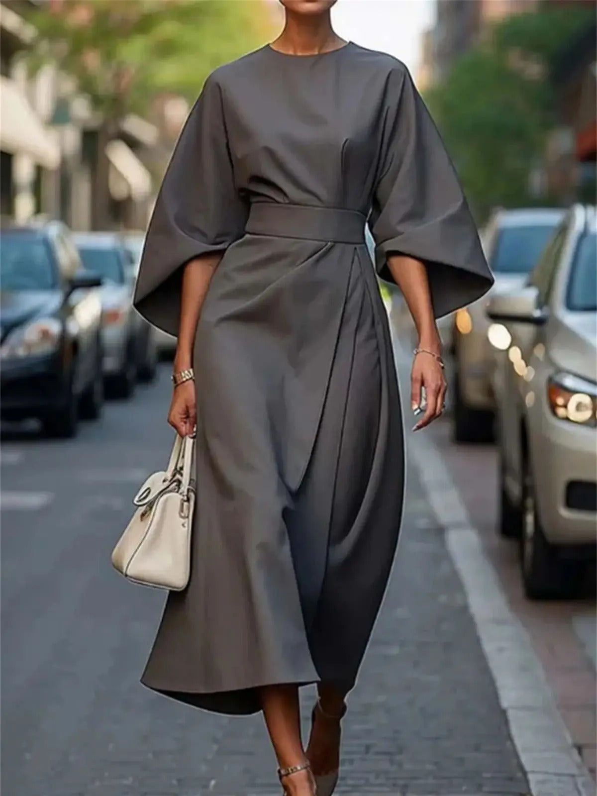 Women Midi Dress | Bell Sleeve Waist Belt Design