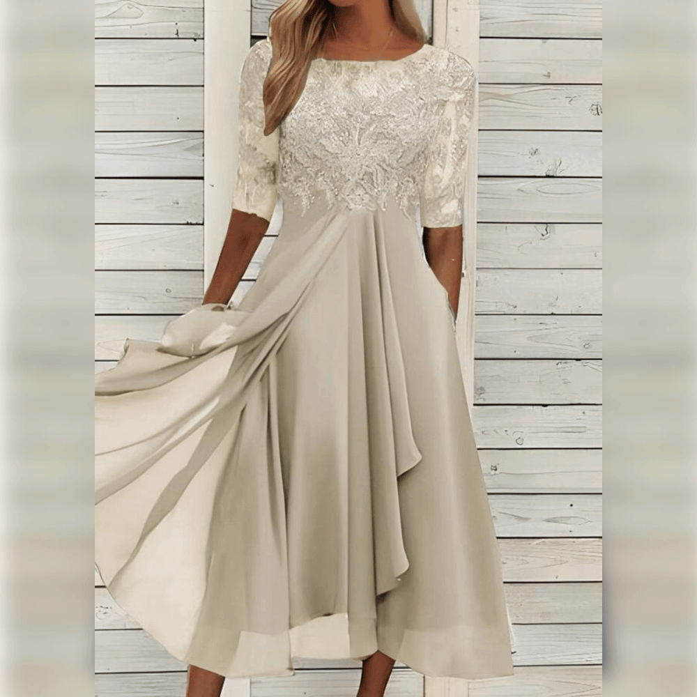 Damen Kleid | Midilänge mit hohem Bund und Rundhalsausschnitt