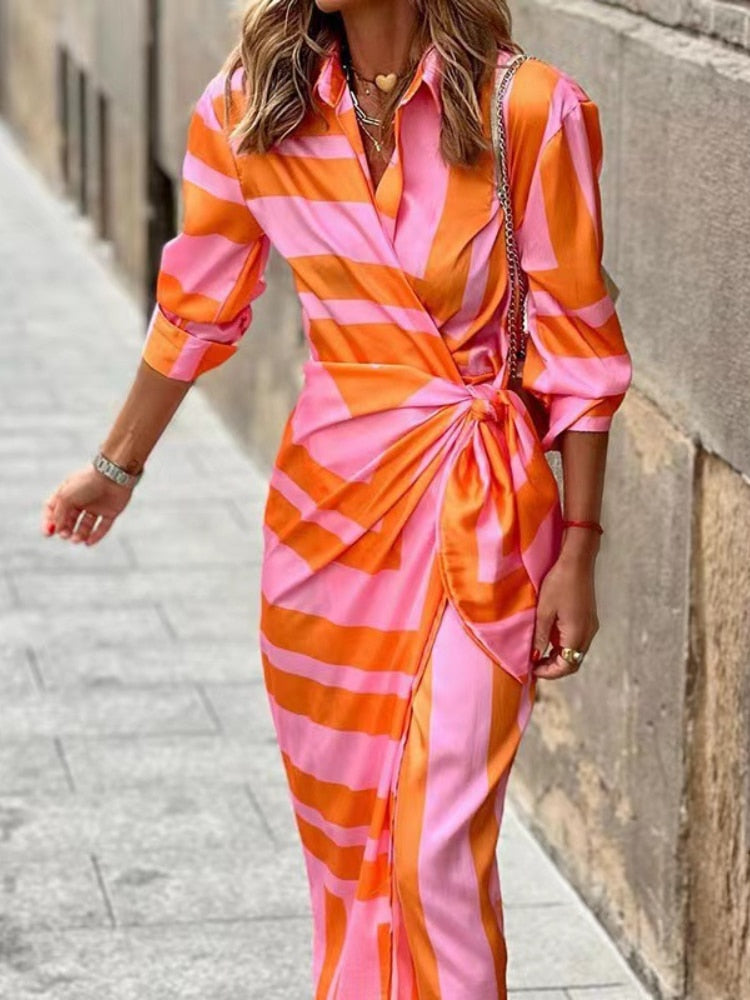 Women Dress | Collared Wrap Fitted Waist Midi Length Design