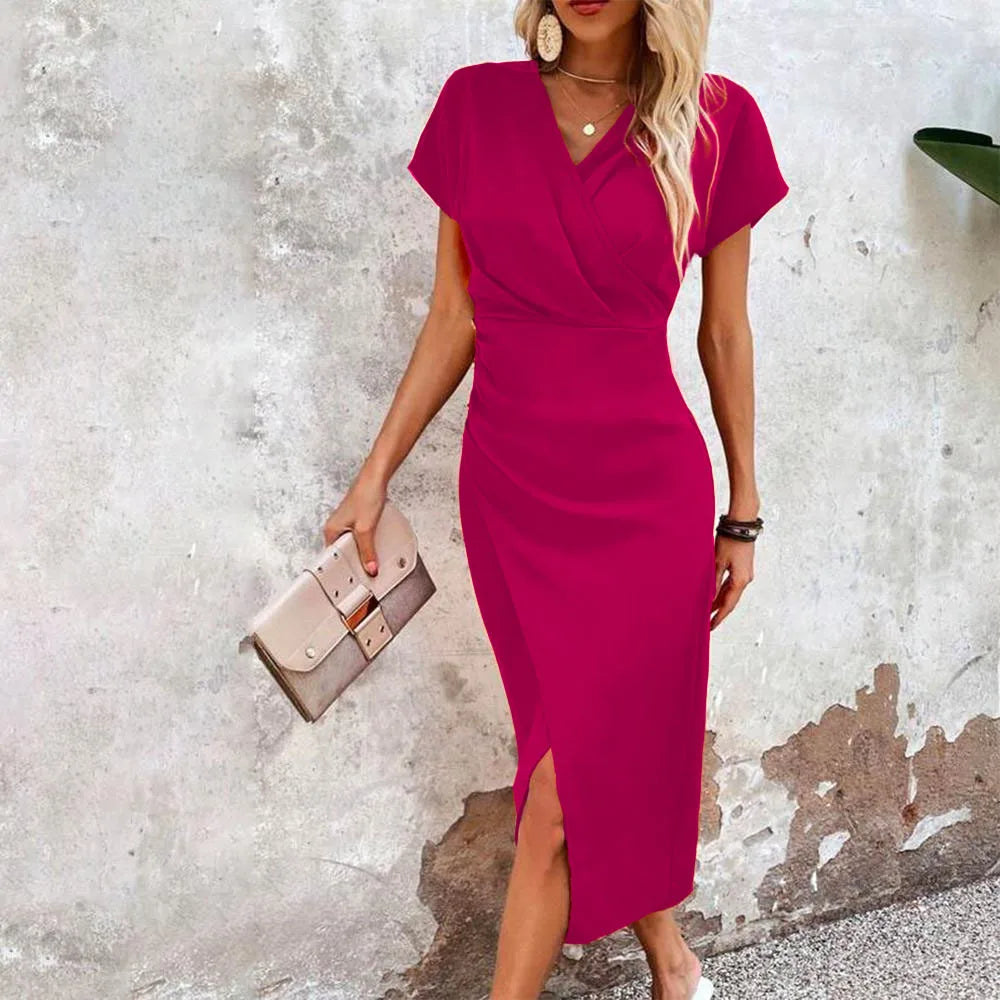 Women Midi Dress | A-Line V-Neck Short Sleeve Design