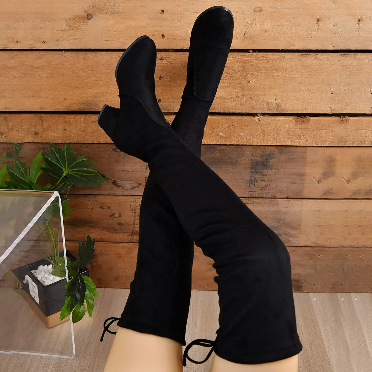 Damen-Overknee-Stiefel mit Blockabsatz | hohe schaftausführung