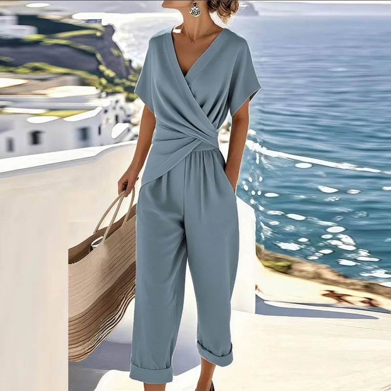 Damen Jumpsuit | Wickeloptik und kurzer Ärmelansatz