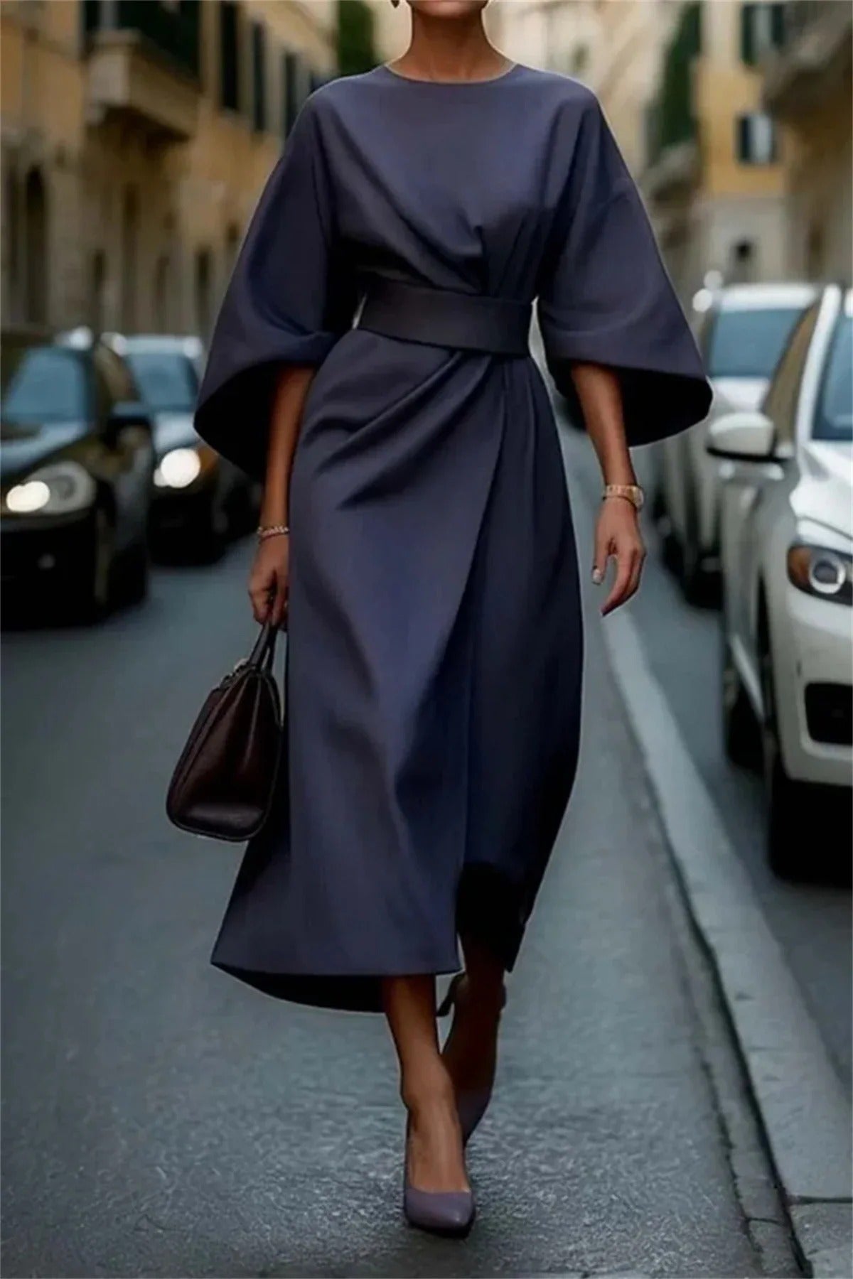 Women Midi Dress | Bell Sleeve Waist Belt Design