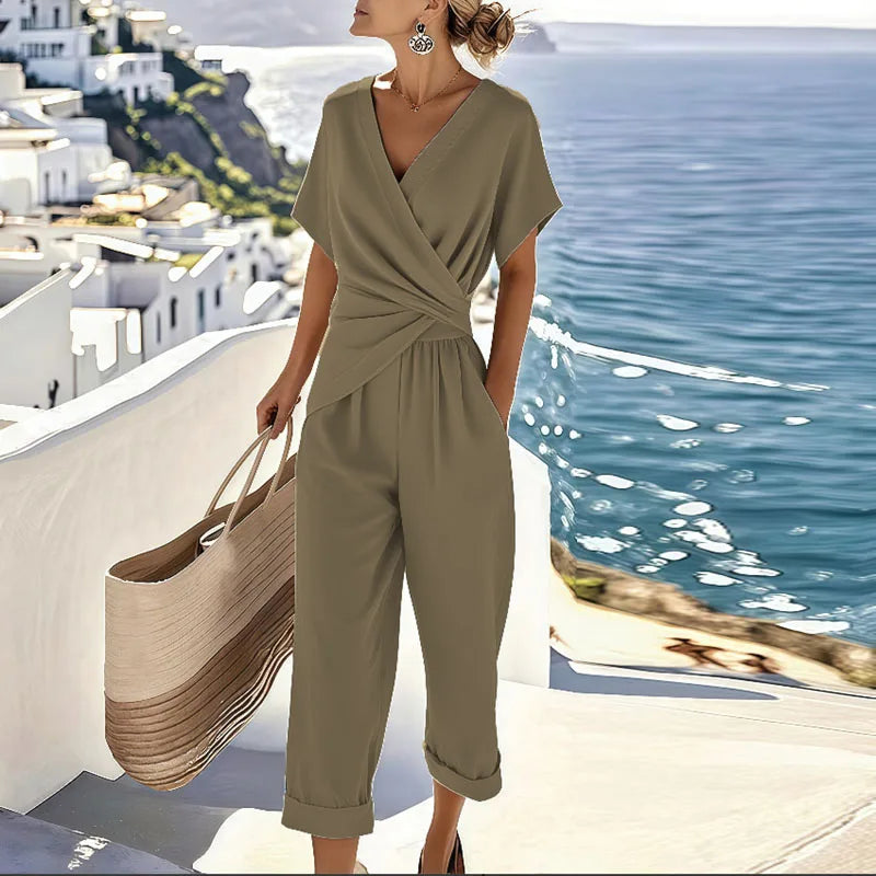 Damen Jumpsuit | Wickeloptik und kurzer Ärmelansatz