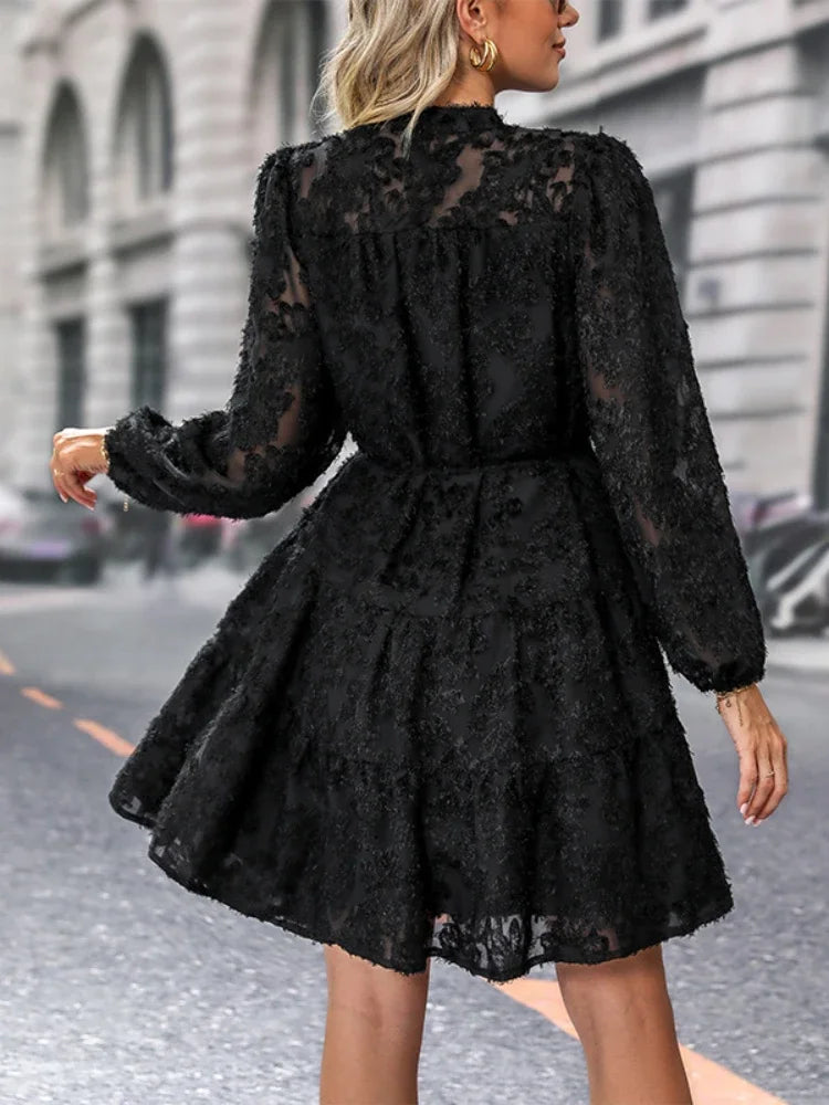 Women Mini dress | Long Sleeve Stand-up Collar Drawstring Waist