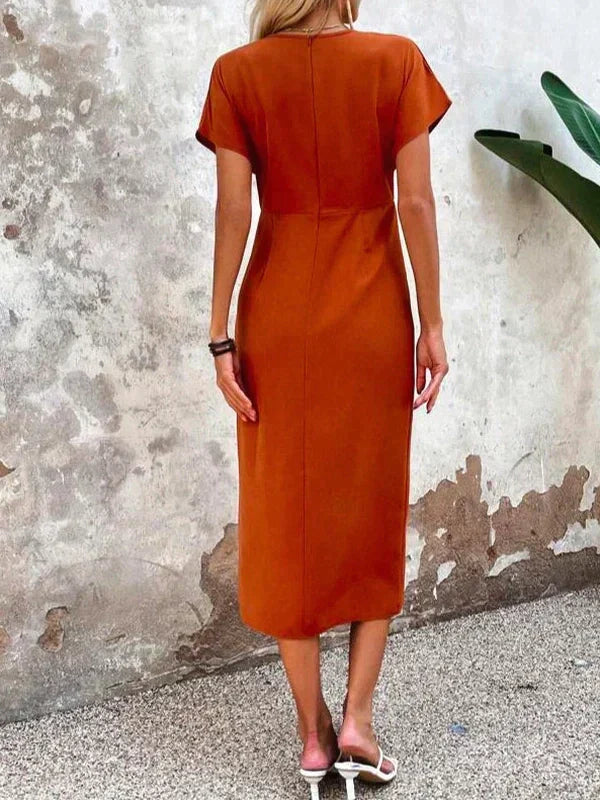 Women Midi Dress | V-Neck Short Sleeve Slit Feature