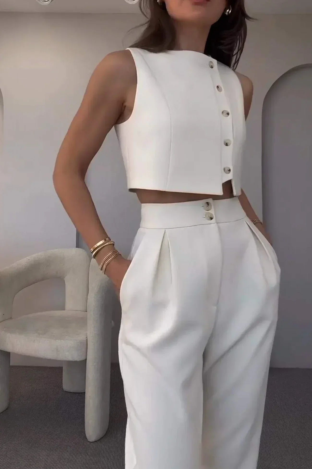 Damen Co-ord Set | zweiteilig mit klassischem Top und High-Waist Hose