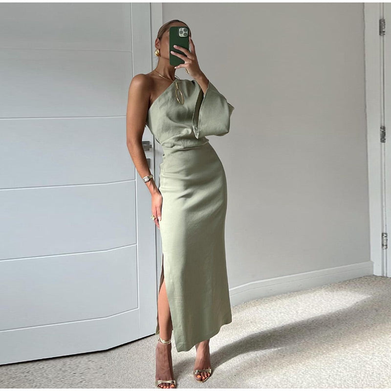 Women Maxi Dress | One Shoulder Long Sleeve Asymmetrical Neckline Cut