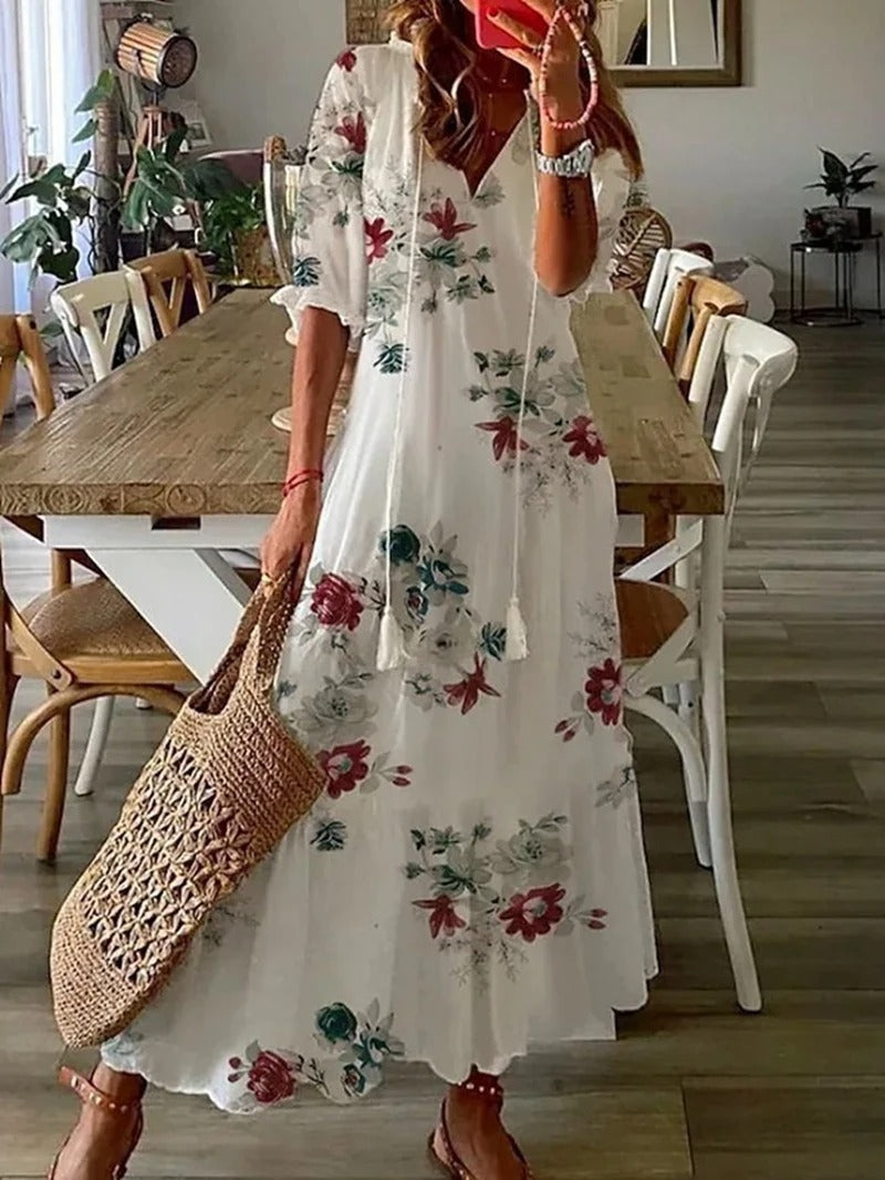 Damen Maxikleid | V-Ausschnitt mit Blütendruck